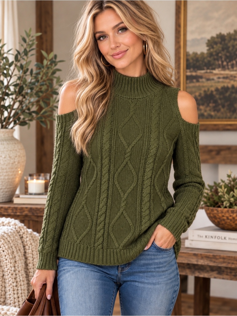 Freshman 1996 Cold Shoulder Mock Neck Cable Knit Sweater Olive Green Size M Cozy